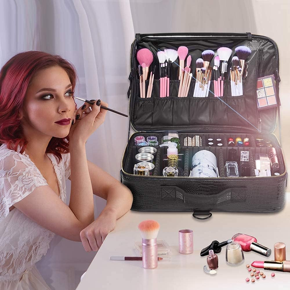 Portatrucco Valigetta Porta Trucchi, 3 Strati Di Grande Capacità PU Valigetta Trucchi Impermeabile Viaggio Artista Trucco Professionale Borsa Portatrucco Con Divisori Regolabili E Cinghie, 16 "