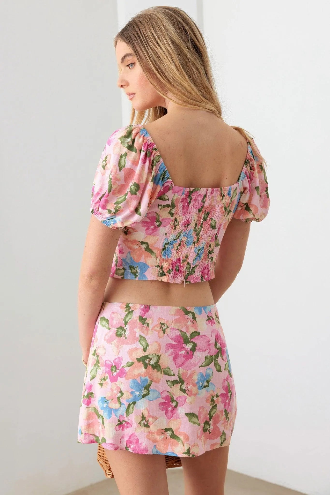 Floral Bustier Puff Sleeve Crop Top & Mini Skirt Set