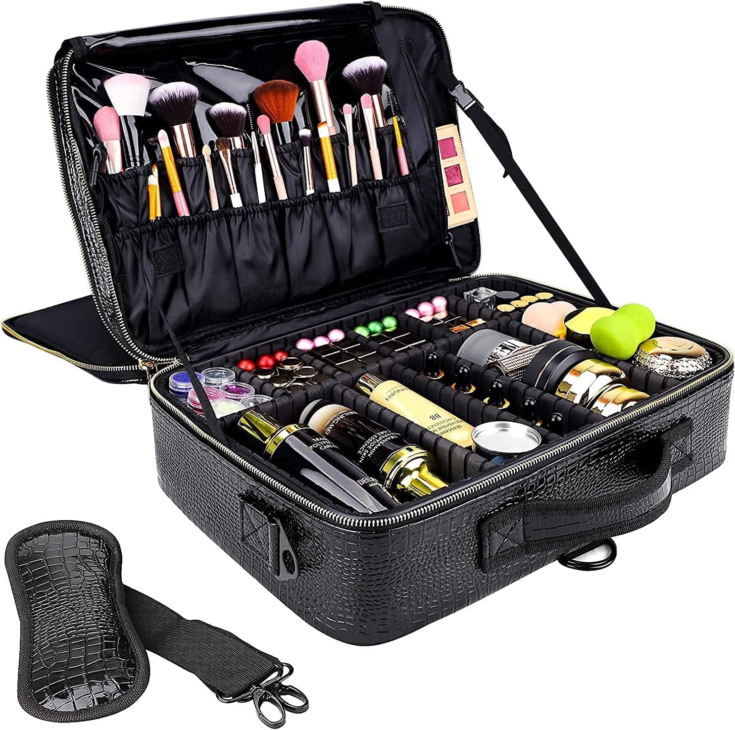 Portatrucco Valigetta Porta Trucchi, 3 Strati Di Grande Capacità PU Valigetta Trucchi Impermeabile Viaggio Artista Trucco Professionale Borsa Portatrucco Con Divisori Regolabili E Cinghie, 16 "